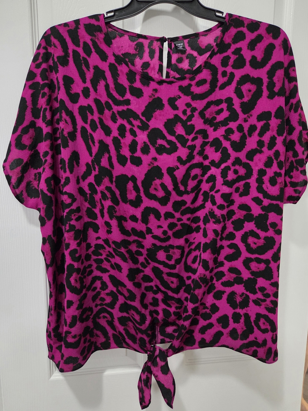SHEIN Hot Pink and Black Leopard Tie-Front Blouse
